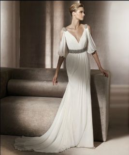 Elegant White Long Sleeve Beaded Chiffon Wedding Dress Formal Gown