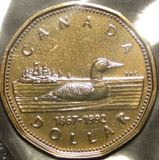 1992 125th Anniv of Confederation Loon Loonie $1 Dollar Coin