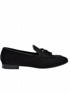 Mens Loafers Shoes Suede Tassel Longhi 172001 Galles Black Handmade in