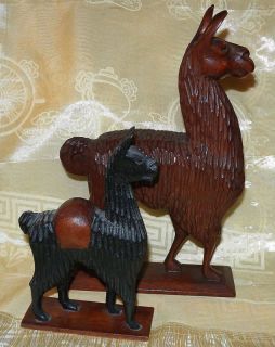 Hand Carved Wooden Llama Figurines Pair Peru Art Pieces 9 inch and 6
