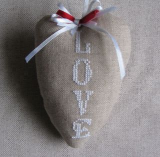Cross Stitch Hand Made Finished Primitive Heart Ornament Love
