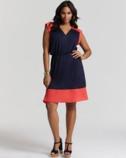 Love ady NEW Navy Contrast Trim Cuffed Sleeves V Neck Casual Dress