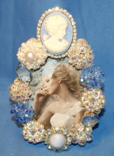 Vintage Blue & White Cameo Brooch Pin Rhinestone Pearl Picture Frame