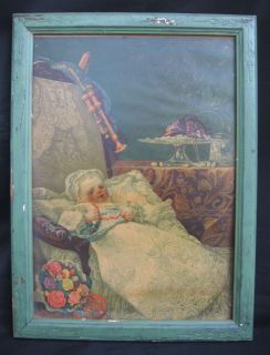 1879 Victorian child print Bagpipe Baby First Birthday Wood Frame