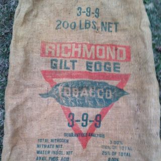 Vintage 200 lb Burlap Bag Sack Richmond Guano 3 9 9 Tobacco Fertilizer