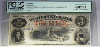 1857 $3 PCGS 69 PPQ Western Exchange F M Ins Co Omaha City Nebraska