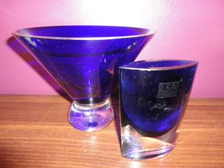 TWO LSA International Poland Mouth Blown Purple Art Glass Vase COLBALT