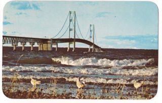 Waves Crashing The Mackinac Bridge Mackinaw City Michigan MI Postcard