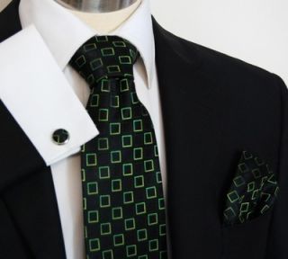 Black and Green Squares Paul Malone Silk Necktie with Hanky Cufflinks