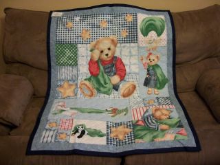 Handcrafted Quilt Blanket Teddy Bear Baby Nursery Denim
