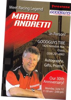 Mario Andretti Good Guys Firestone Clovis CA Appearance Card