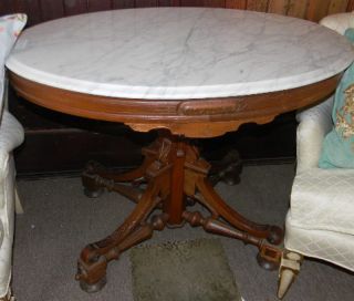 Antique 1870s Renaissance Walnut Oval Marble Top Table