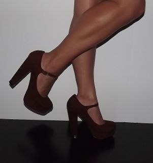 Womens 5” Heels Pumps Brown Mary Jane Faux Suede Round Toe Forever