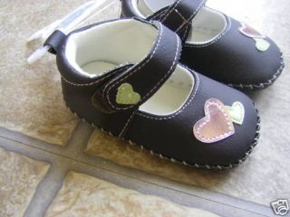Girls Mary Jane Brown Pink Heart Crib Shoes 9 12 M