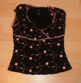 Womens Top Shirt Inc Brown Pink Embroidered Floral Stretchy Size M