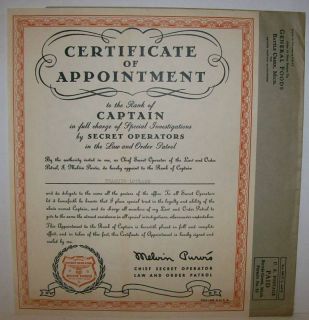 Very RARE 1937 Melvin Purvis G Man Captain Certificate