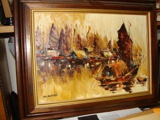 Oil Painting by N K KAMPAN Chinese Junks in Harbor Beautifully Triple