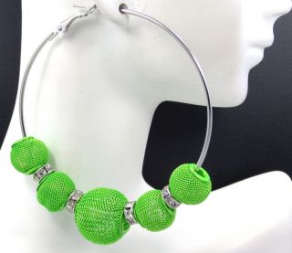 New Stunning Green Mesh Ball Crystal Bead Silver Tone Hoop Earrings