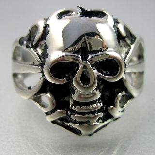 Biker Mens Black Silver Stainless Steel Skull Hollowed Ring