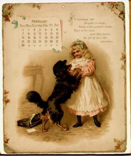 February 1898 Girl with Dog Victorian Calendar Print