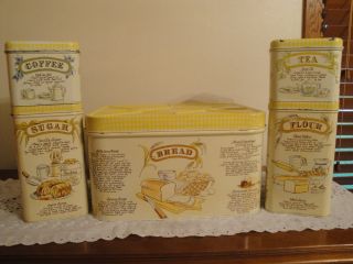 Vintage 4 Piece Cheinco Metal Canister Set with Matching Bread Box