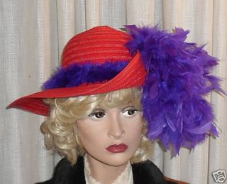 Ladies Red Fashion Hat Society Wide Big Brim Victorian
