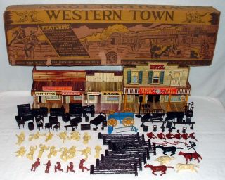 WESTERN TOWN PLAYSET IN ORIGINAL BOX WITH TIN ROY ROGERS MINERAL CITY