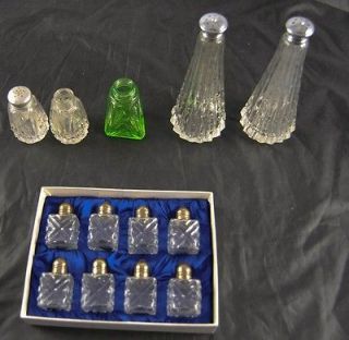 Vintage Lot Of 13 Glass Salt Pepper Green Clear Crystal Boxed Set