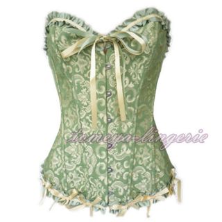 Gold Green Floral Boned Overbust Corset Lace up Bustier Burlesque
