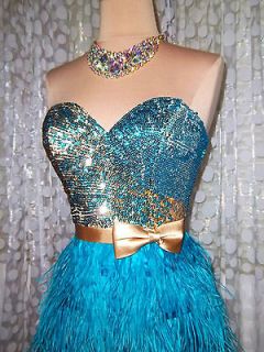 TURQUOISE FEATHER SEQUIN SHORT PROM PAGEANT FORMAL PART GOWN DRESS 2