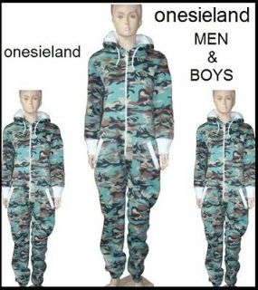 NEW BOYS   MENS ALL IN ONE HOODY CAMO ONESIE JUMPSUIT PYJAMA PLAYSUIT