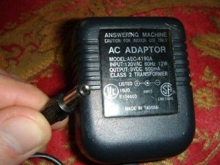ANSWERING MACHINE 9 VOLT DC, 500mA POWER SUPPLY ADAPTER CORD#AEC 4190A