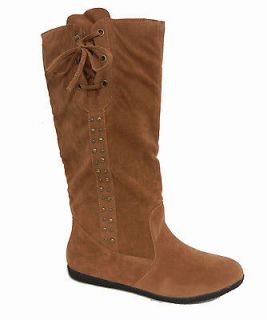 NEW BEIGE CAMEL SUEDE FASHION KNEE HIGH ROUND TOE WOMENS FLAT BOOTS