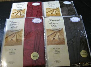 DAMASK SCROLL TABLECLOTH AND NAPKIN SETS  ASSORTED COLORS & SIZES