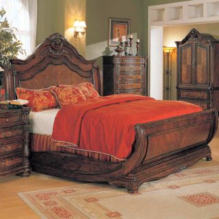 Elegant Cherry Brown King Sleigh Boat Style Bed Only Bedroom