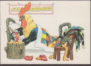 B2509 Rooster postcard, Sets Alarm clock, Russian, 4 by 6 inch, Unused