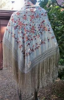 Huge Hand Embroidered 1920 30s Silk Piano Shawl w Long Fringe