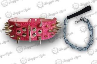 Leather Dog COLLAR & LEASH SET spikes Pink Akita Malamute Mastiff Cane