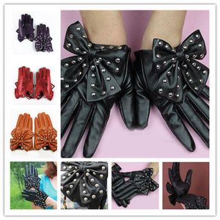 Women LADY Rivets Butterfly Bow Soft PU Leather Gloves 4 Colors