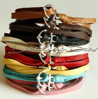 Handcrafted Leather Cord Silver Anchor Bracelet Brown Black Tan
