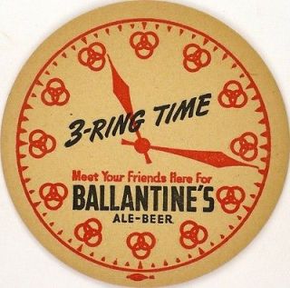 1940s Ballantine Beer 3 Ring Time Clock coaster 4 inch Tavern Trove