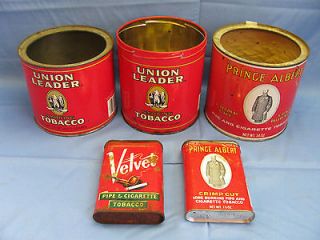 Vintage Tobacco Tin Cans   Prince Albert~Union Leader~Velvet~ Lot of 5