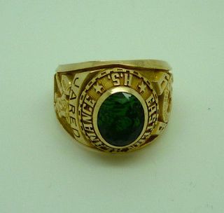10ct gold Alamance high school football college ring with green centre
