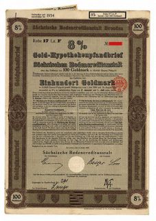 Saxony Dresden 8% Goldbond 100 Goldmark  35.84g Gold, uncancelled