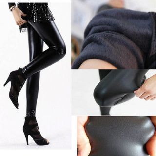 Womens Super Thick Leather Warm Shiny Blacks Tight Leggings Pants Faux