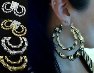 HUGE double bamboo effect creole hoop earrings, gold or silver tone