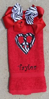 Zebra Print Peace Heart Red Hand Towel and Matching Zebra Bow Set