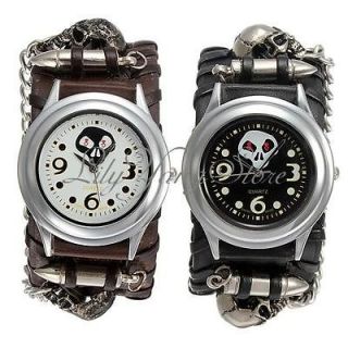 Rock Skull Leather Rivet Bullet Bracelet Chain Quartz Dial Wrist Watch