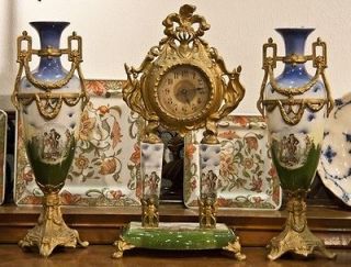 Antique 19C Splendid Tall Garniture Set Gold Gilted Mantle Clock & 2