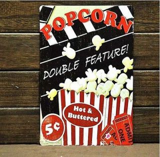 Vintage Popcorn Advertising Tin Metal Sign Double Feature Hot